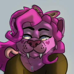 A pink saber toothed cat with curly hair